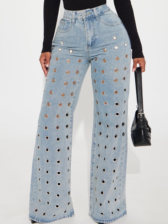 Fashion Nova Denim - Fashion Nova Light Blue Wide-Leg Grommet Jeans